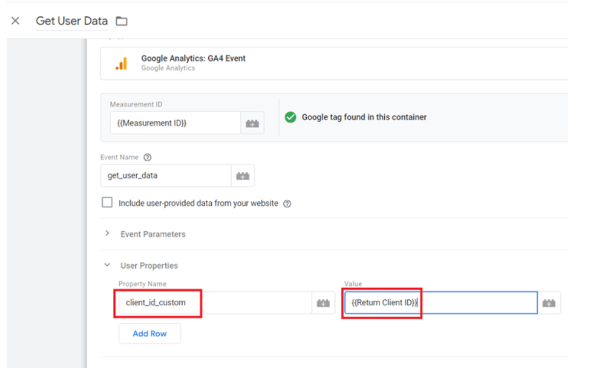 Google Tag Manager setup for exporting GA4 user properties, defining client_id_custom as a user property. i-shadow