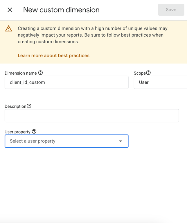 Creating a new custom dimension in Google Analytics, setting client_id_custom as a user-scoped property. i-shadow