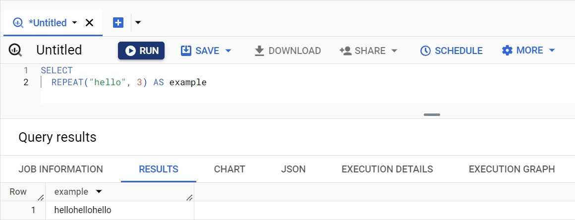 REPEAT function in BigQuery, displaying how to repeat a string multiple times. i-shadow