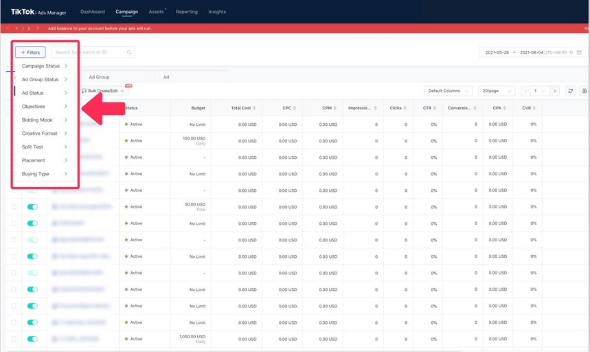 TikTok Ads Manager dashboard with campaign metrics and a red arrow pointing to the filter menu for refining ad data.