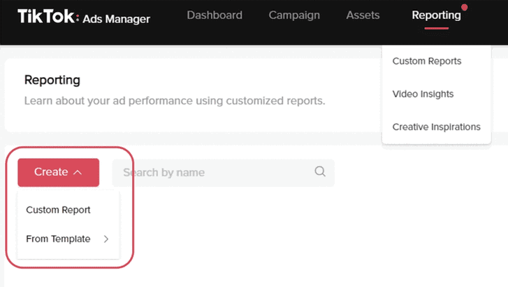 TikTok Ads Manager Reporting section showing options to create a custom report or use a predefined template for analysis.