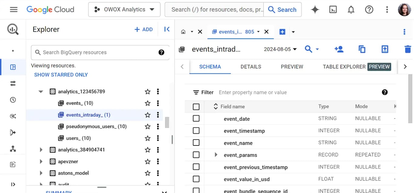 GA4 events_intraday_YYYYMMDD streaming table in BigQuery for real-time event data