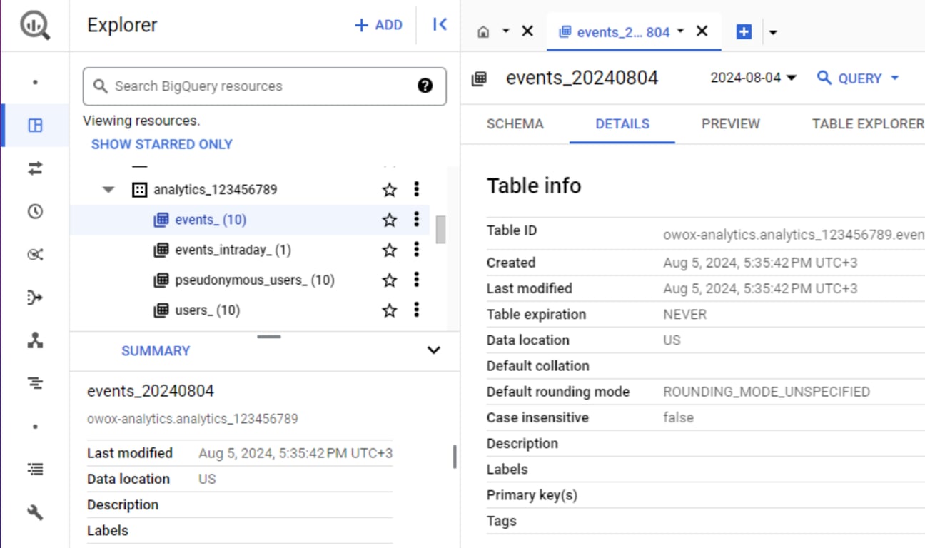 BigQuery event table Details tab showing table ID, creation date, row count, and storage size
