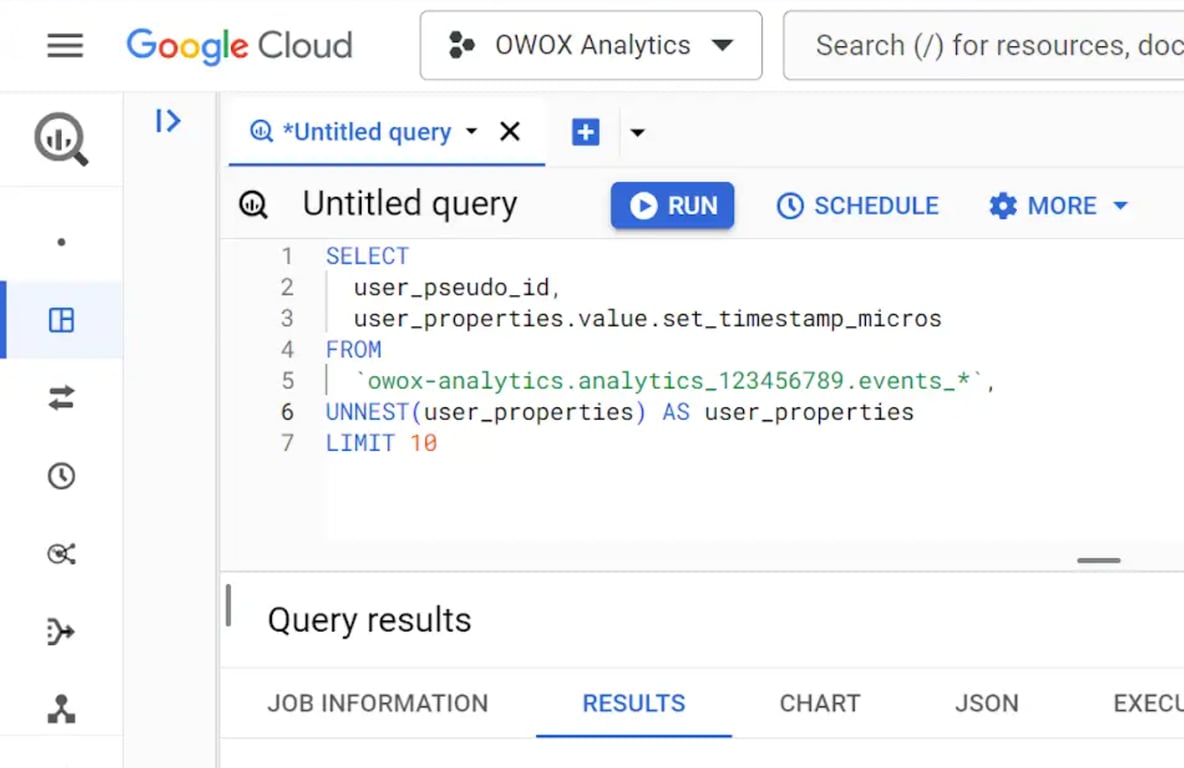 BigQuery SQL query selecting user_set_timestamp_micros from GA4 user_properties to track property update history
