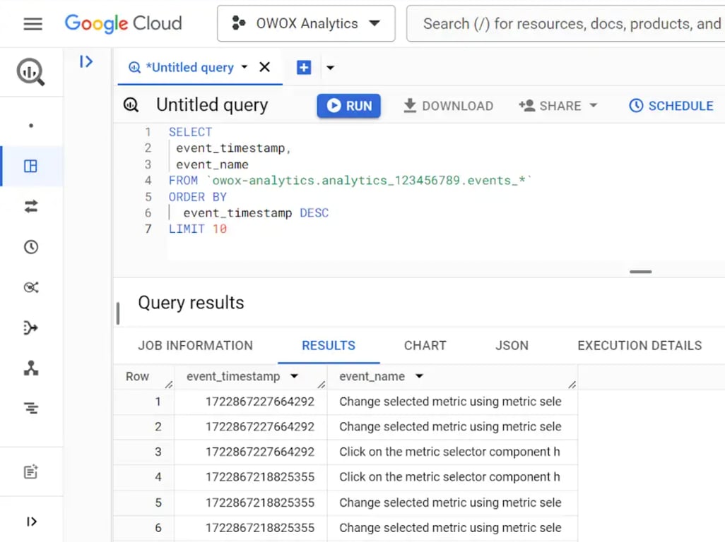 BigQuery SQL query ordering GA4 events by event_timestamp DESC to retrieve the 10 most recent events