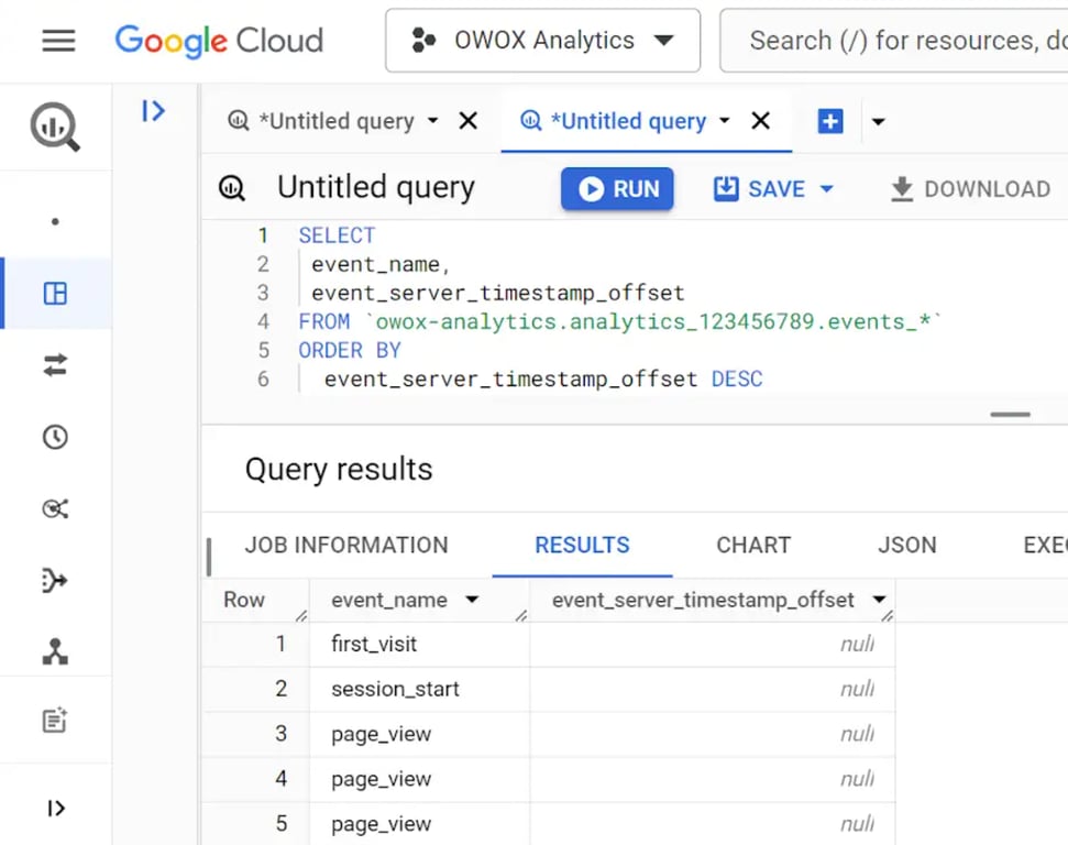 BigQuery SQL query ordering GA4 events by event_server_timestamp_offset DESC to diagnose data pipeline delays