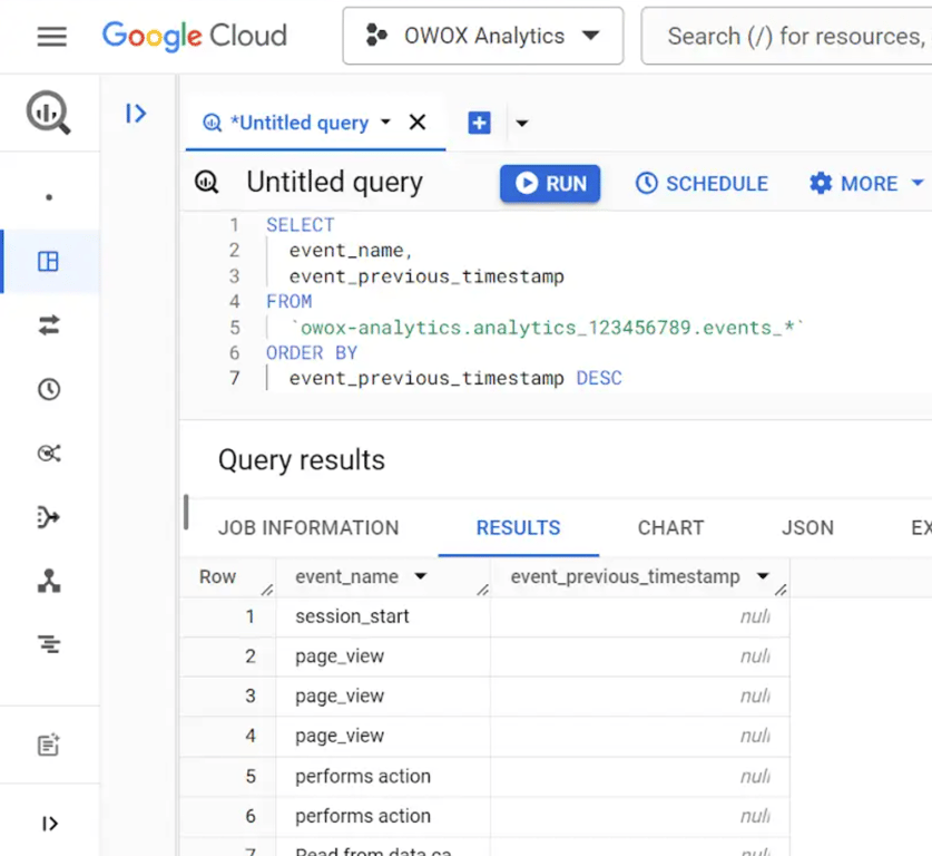BigQuery SQL query filtering GA4 events where event_previous_timestamp is not null to track event sequences