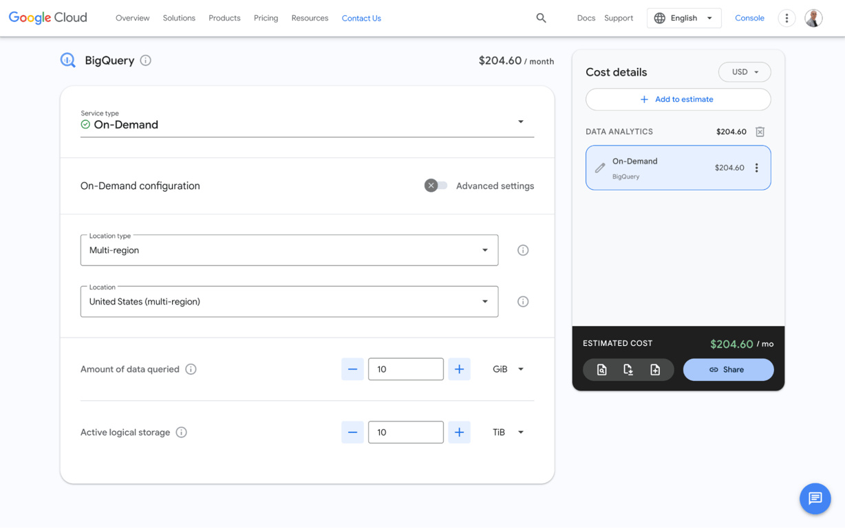 Visualization of how BigQuery storage costs vary based on data volume and tier selection.