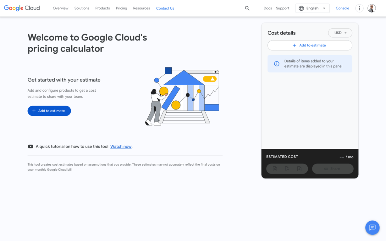 BigQuery pricing calculator showing cost breakdown for storage and compute resources. 