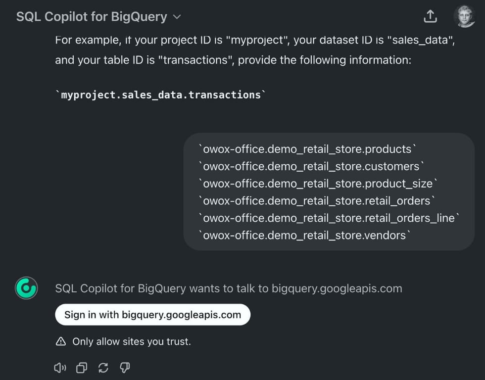 SQL Copilot, a custom ChatGPT by OWOX for BigQuery requesting access to demo dataset tables and BigQuery sign-in.