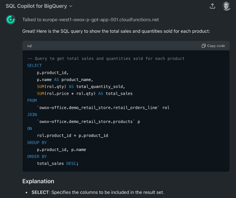 SQL Copilot, a custom ChatGPT by OWOX  by OWOX generating an SQL query to calculate total sales and quantity per product.