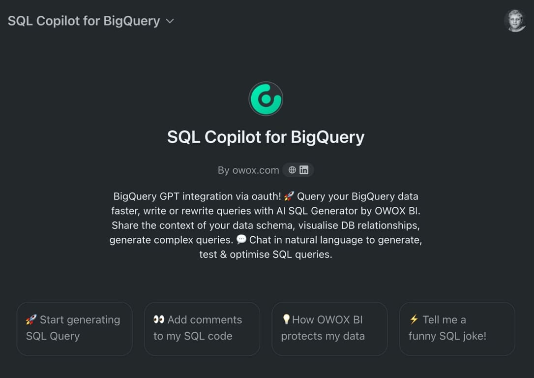SQL Copilot for BigQuery, a custom ChatGPT by OWOX for generating and optimizing SQL queries.