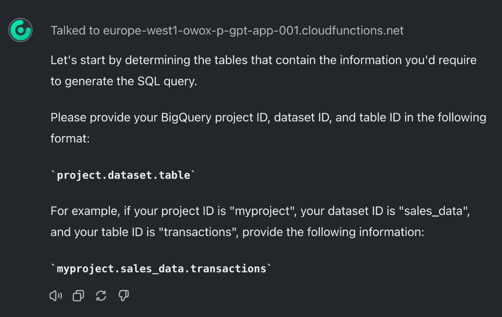 Prompting the user to provide a BigQuery project ID, dataset ID, and table ID in SQL Copilot for BigQuery, a custom ChatGPT by OWOX.