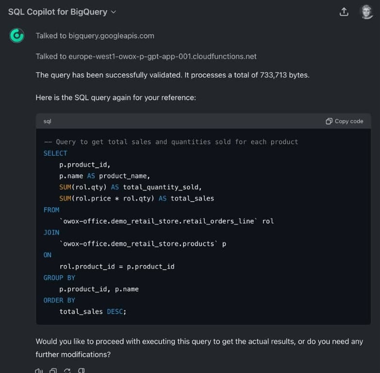 SQL Copilot, a custom ChatGPT by OWOX generating an SQL query to calculate total sales and quantity per product.
