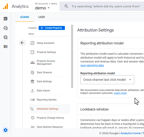 Google Analytics 4’s Attribution Settings panel under the Admin section which allows users to choose a reporting attribution model, with Cross-channel last click model. i-shadow