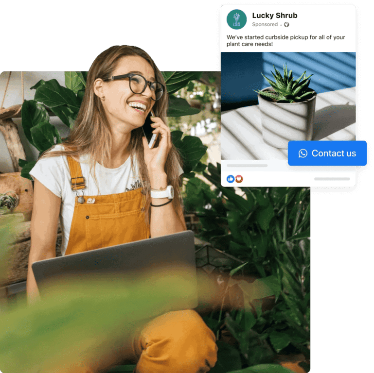 Instagram ad promoting plant care service with WhatsApp call-to-action button.