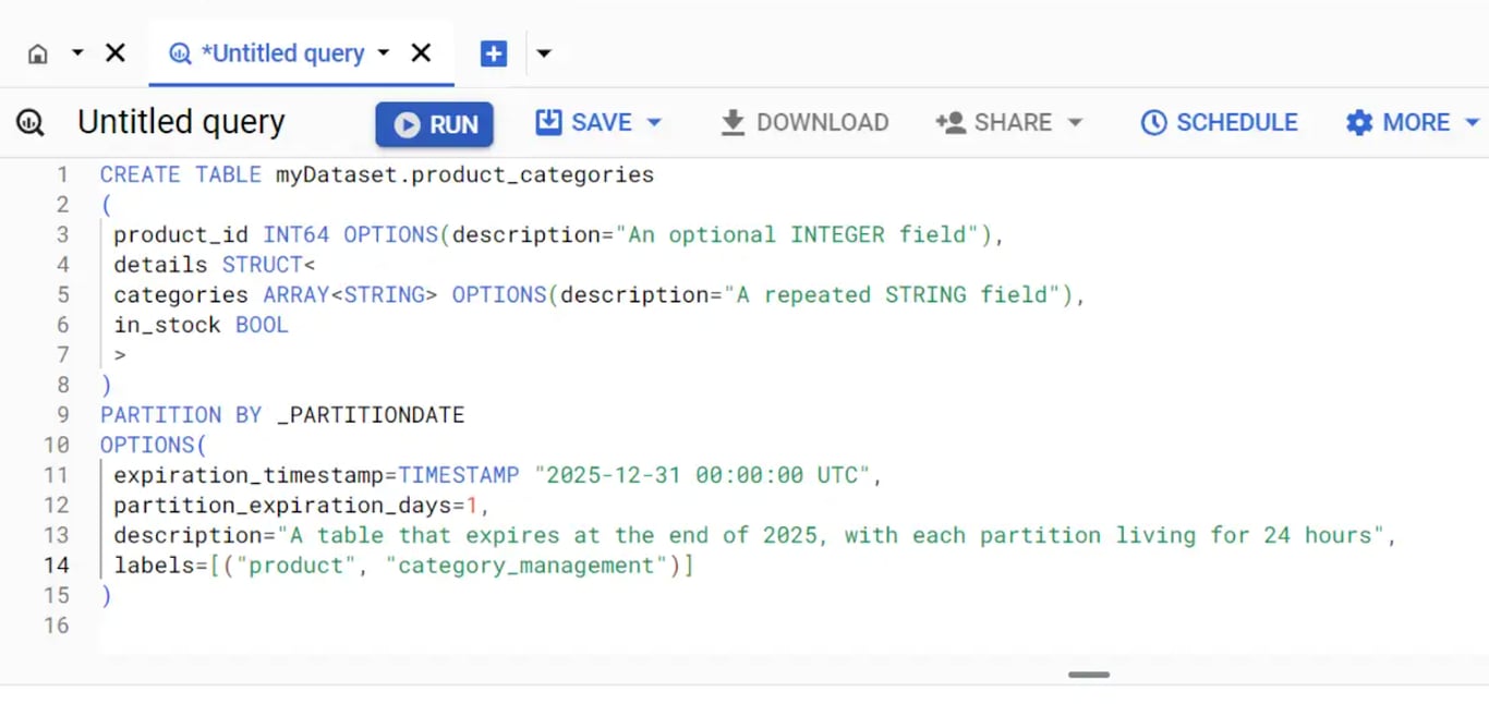 Using the CREATE TABLE statement to create a new table in BigQuery.