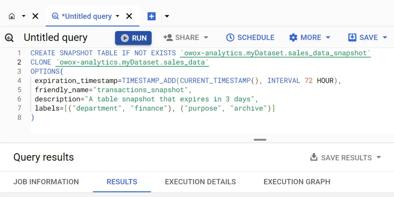 Creating a snapshot table for historical data retention using the CREATE SNAPSHOT TABLE statement.