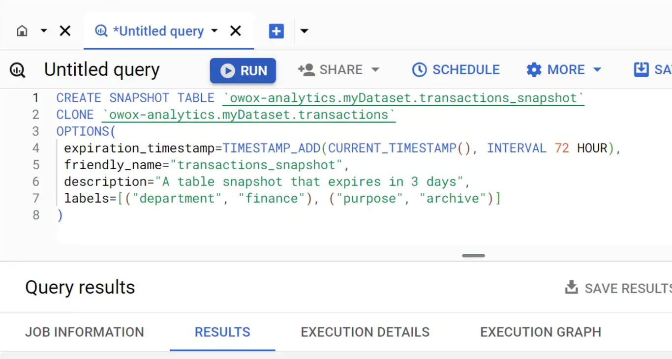 Using the CREATE SNAPSHOT TABLE statement to capture a point-in-time snapshot of an existing table.