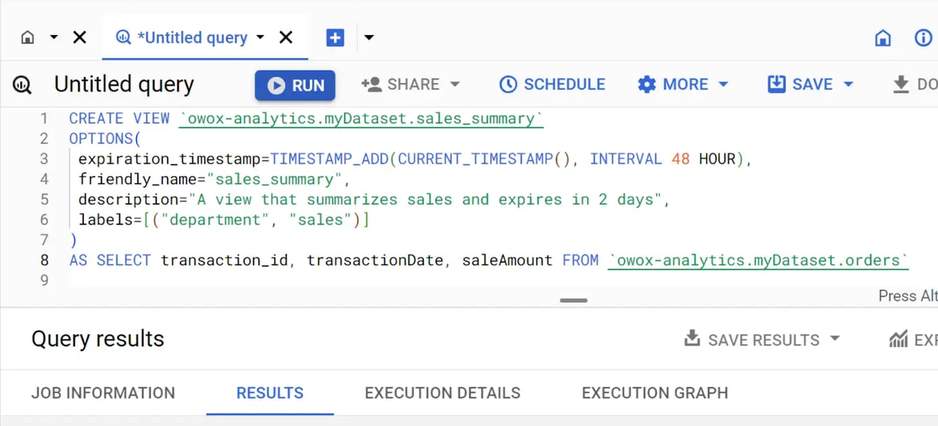 Using the CREATE VIEW statement to create a virtual table in BigQuery.