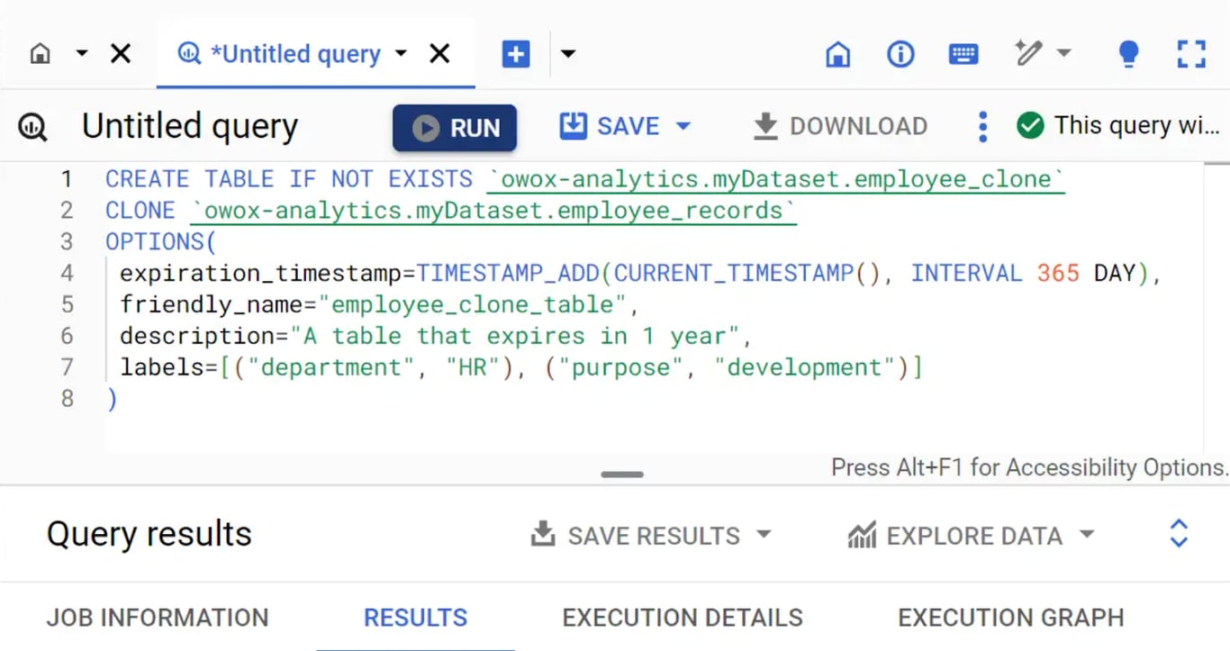 Cloning a table, including schema and data, with the CREATE TABLE CLONE statement.