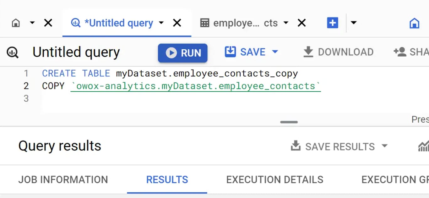 Using the CREATE TABLE COPY statement to duplicate a table in BigQuery.