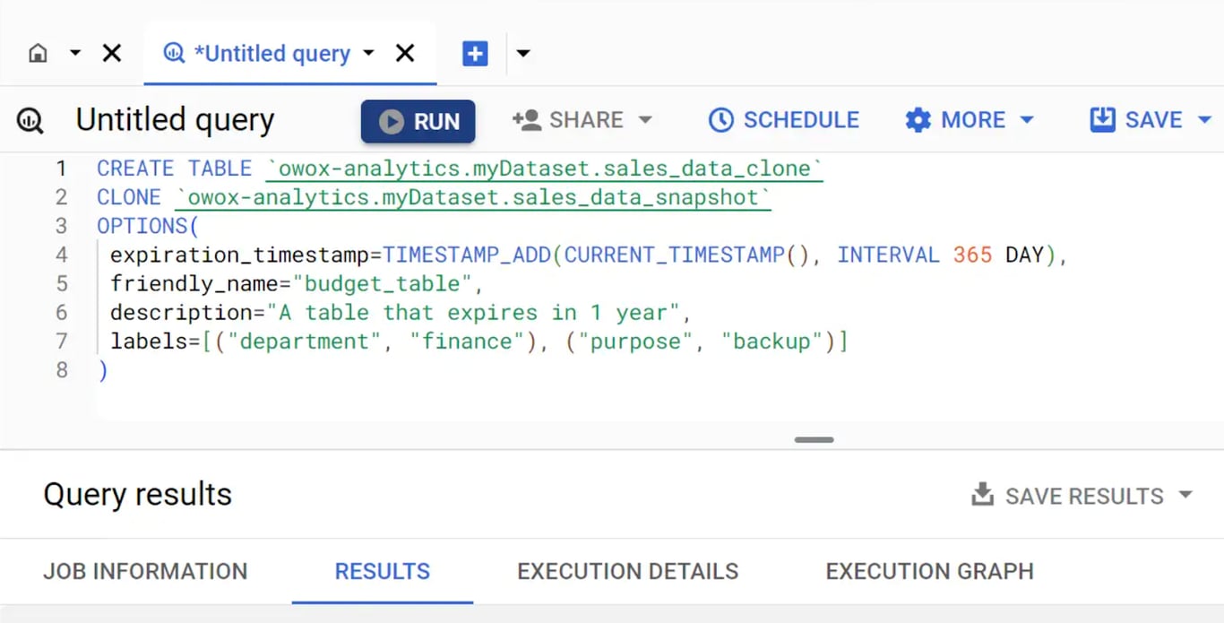 Using the CREATE TABLE CLONE statement to clone an existing table in BigQuery.