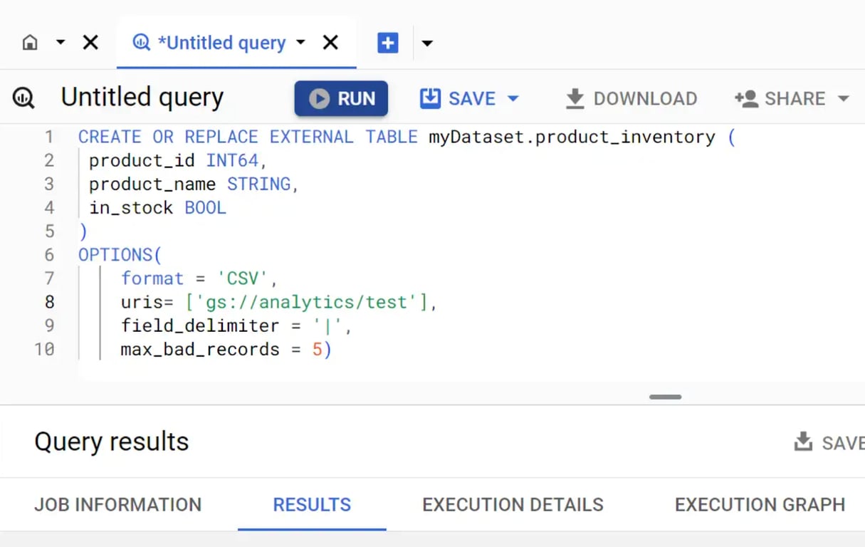 Using the CREATE EXTERNAL TABLE statement to define an external table in BigQuery.