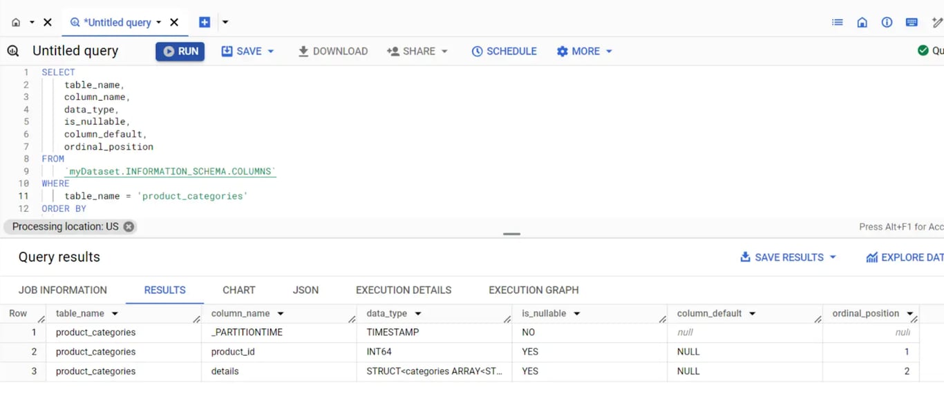 Using the INFORMATION_SCHEMA view to extract schema metadata from an existing table.