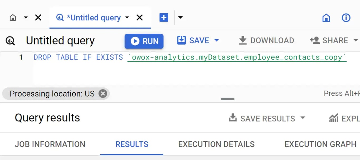 Using the DROP TABLE statement to delete an existing table in BigQuery.