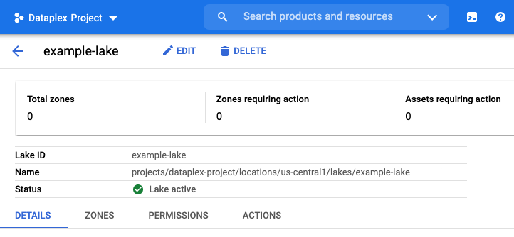 Showing an example Dataplex lake with active status and configuration details. i-shadow