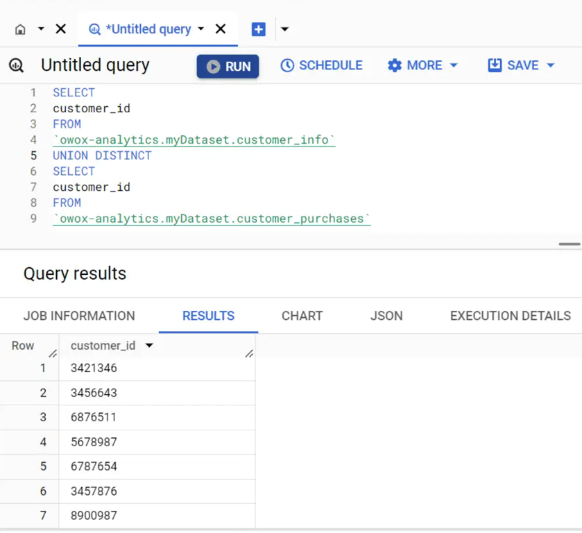 Shows combining datasets while removing duplicates using the UNION operation.
