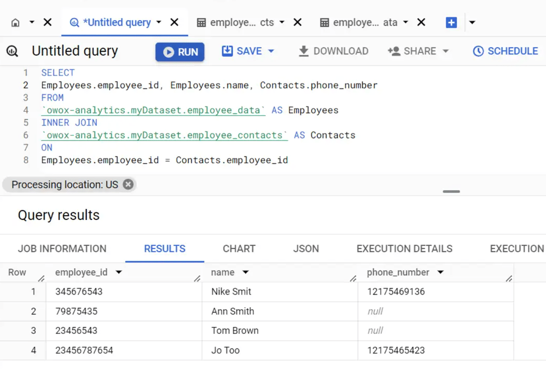 Highlights retrieving matching records between two tables using an INNER JOIN operation.