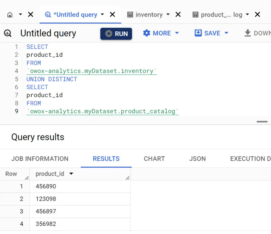 Shows how UNION DISTINCT combines datasets and ensures unique records in the result.