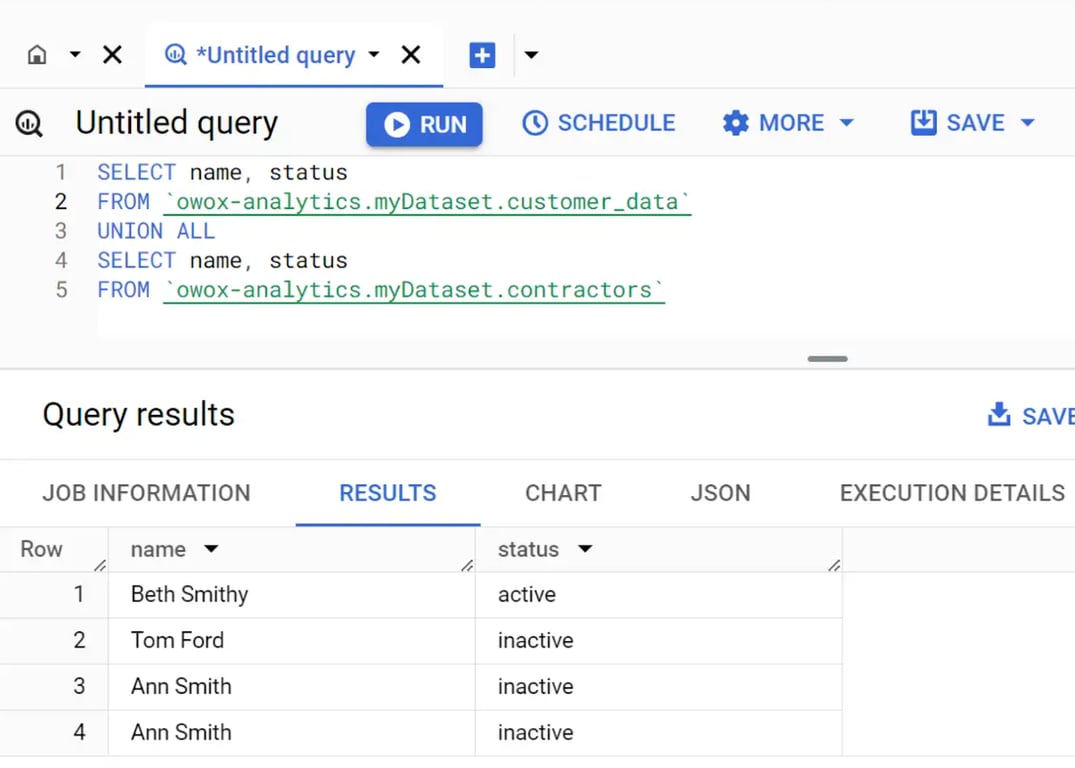 Combining datasets while retaining duplicates using UNION ALL.