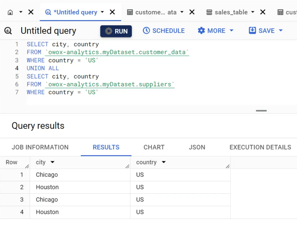 Using UNION ALL to combine datasets, including duplicates, in a secondary example.
