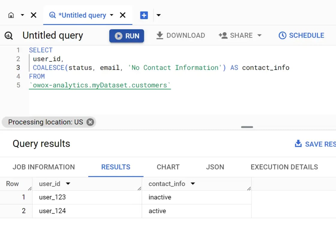 Showing how the COALESCE function in BigQuery can be used to handle NULL values and return defaults.
