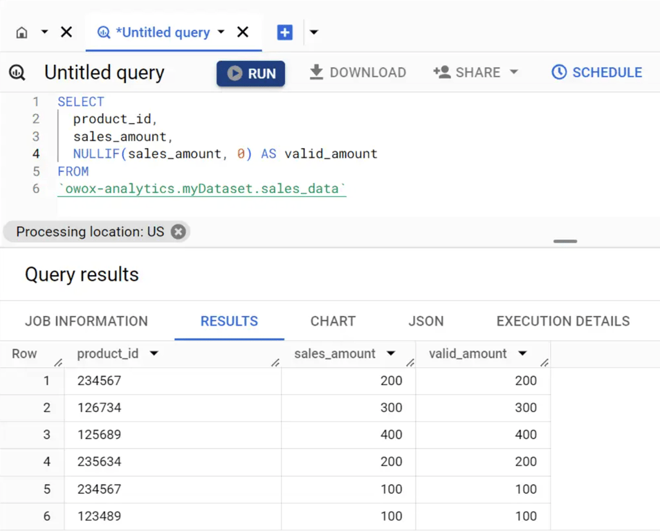 Applying the NULLIF function in BigQuery to handle conditional logic and return NULL if values match.