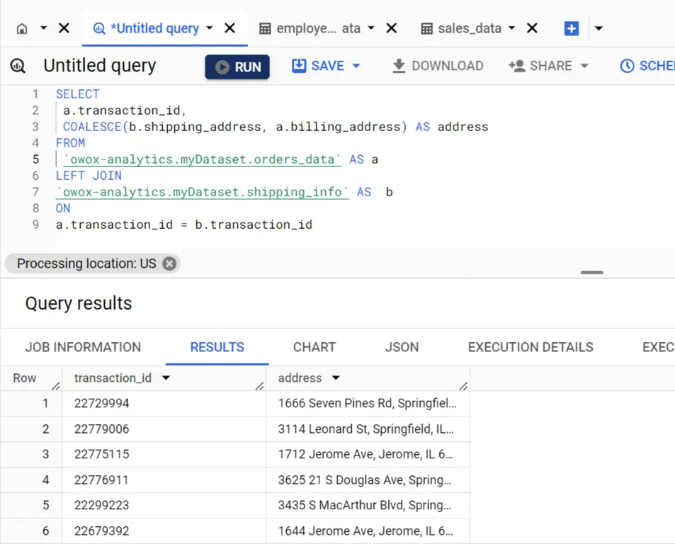 Using the COALESCE function to join two tables in BigQuery while handling NULL values.