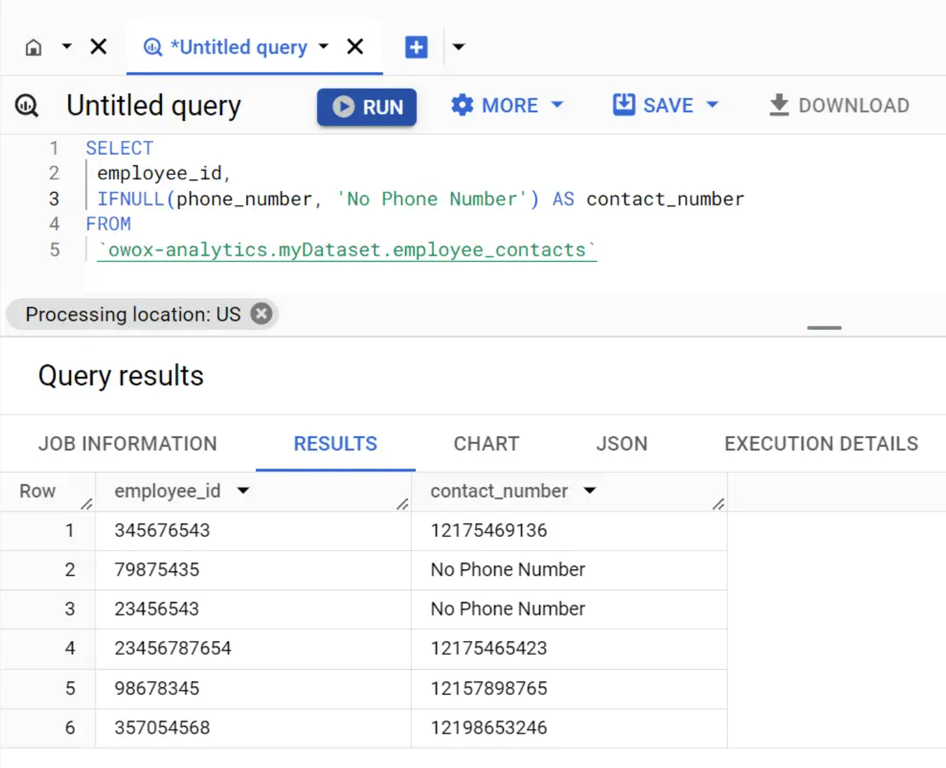 Using the IFNULL function in BigQuery to substitute a default value when encountering NULL.