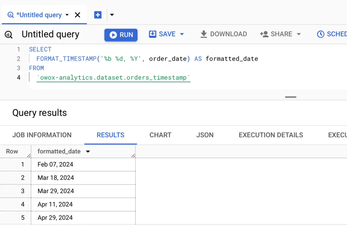 Formatting a timestamp value into a human-readable string using the FORMAT_TIMESTAMP function.