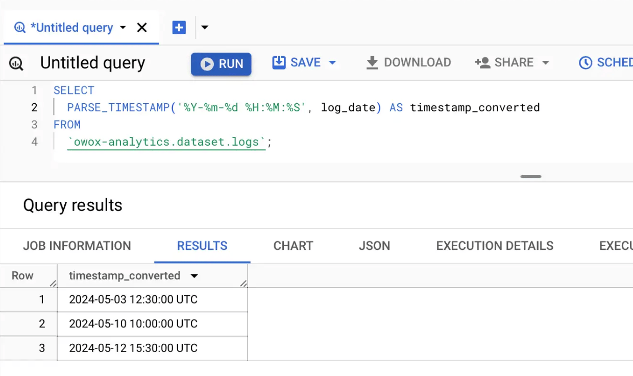 Shows parsing a string into a timestamp using the PARSE_TIMESTAMP function with a specified format.