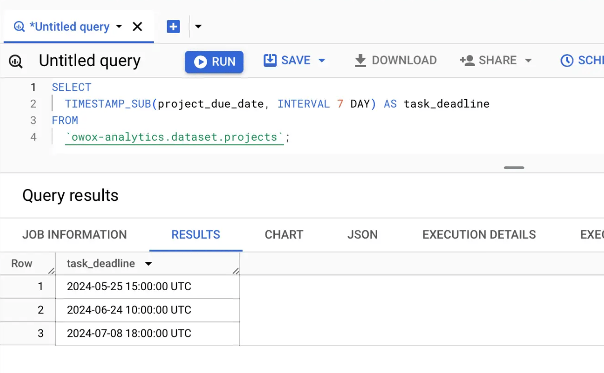 Subtracting an interval from a timestamp using the TIMESTAMP_SUB function.