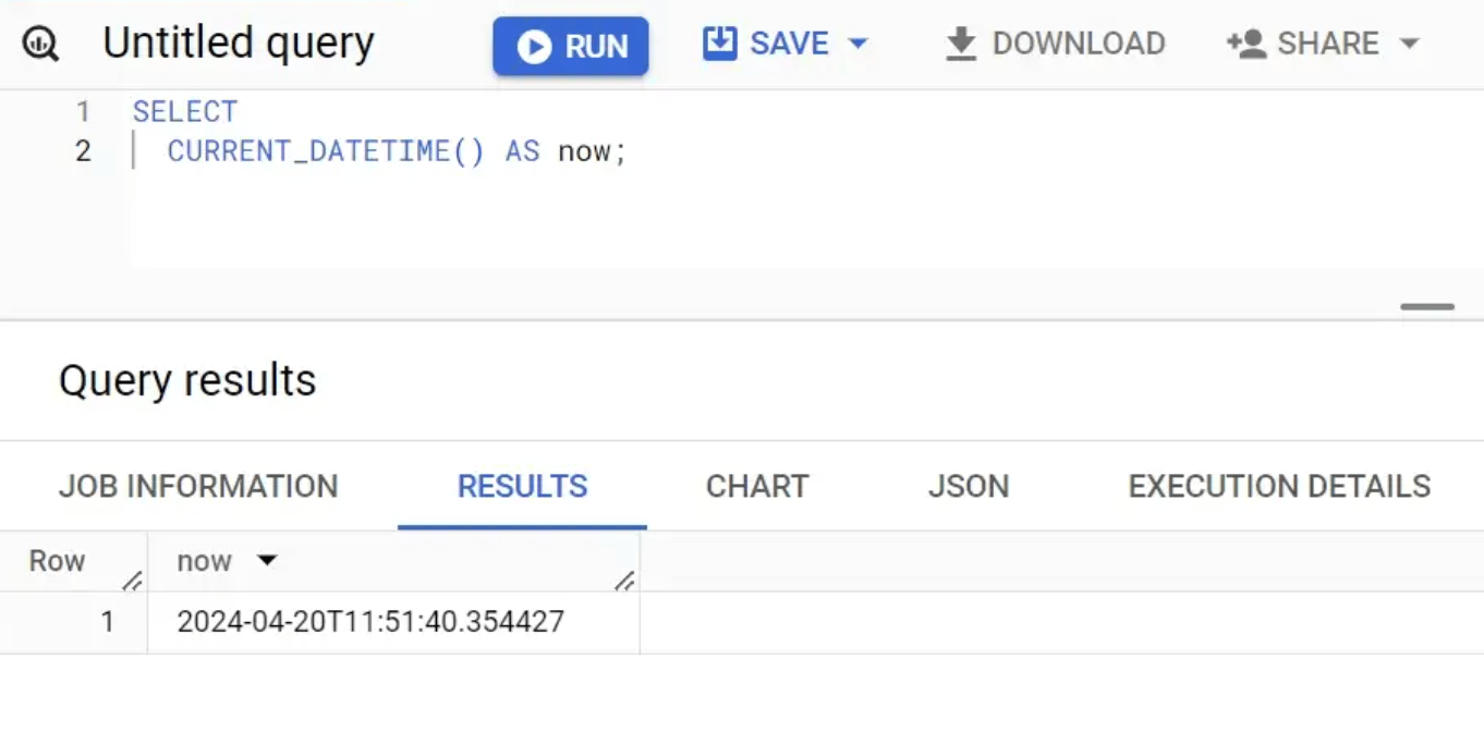 Function displaying the current date and time based on the default timezone in BigQuery.