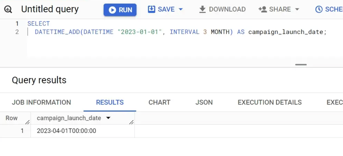 Adding a specific interval to a DATETIME value using DATETIME_ADD in BigQuery.