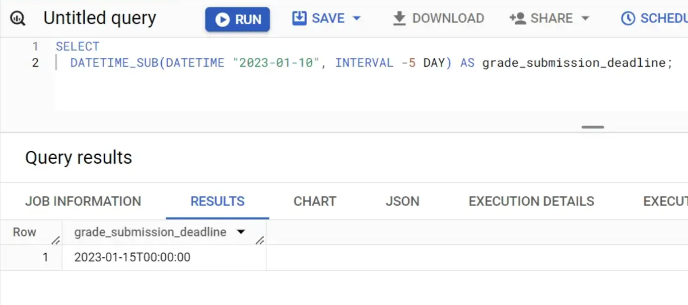 Subtracting a defined interval from a DATETIME value in BigQuery.