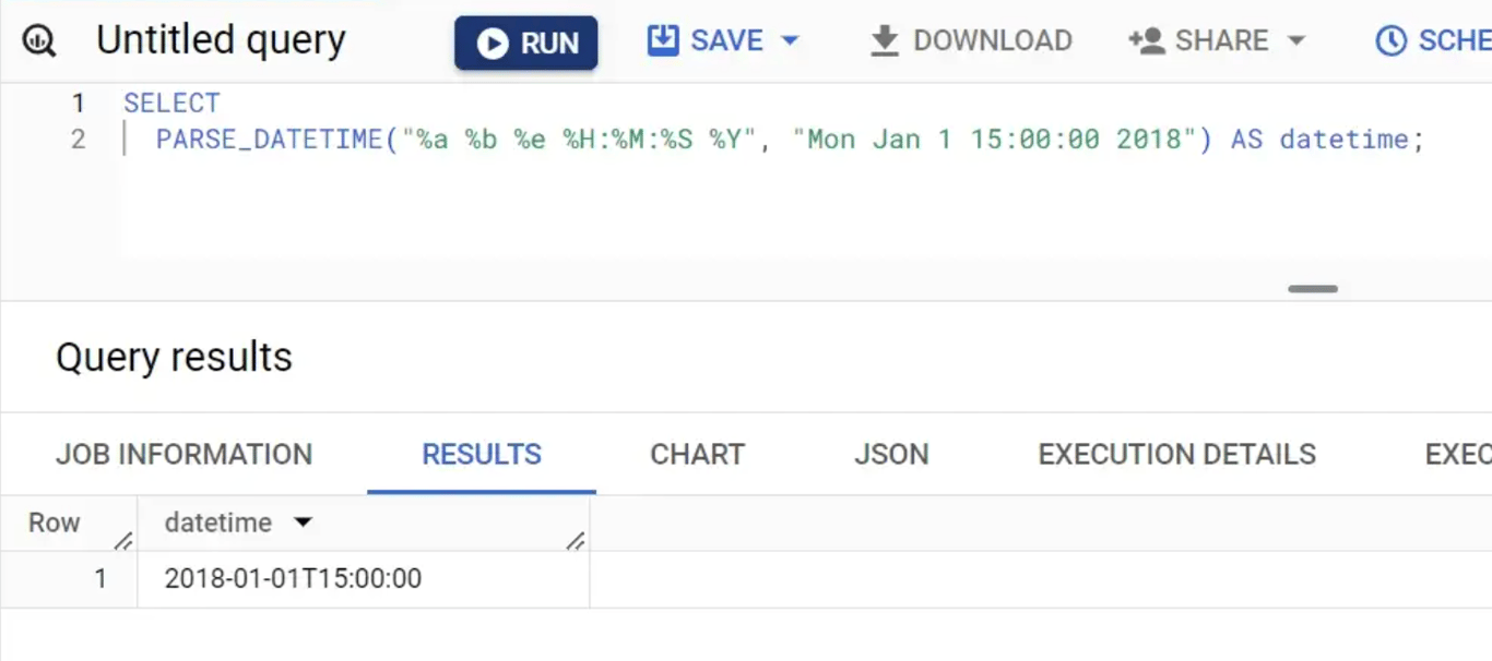 Converting string inputs into a  DATETIME format using PARSE_DATETIME in BigQuery.
