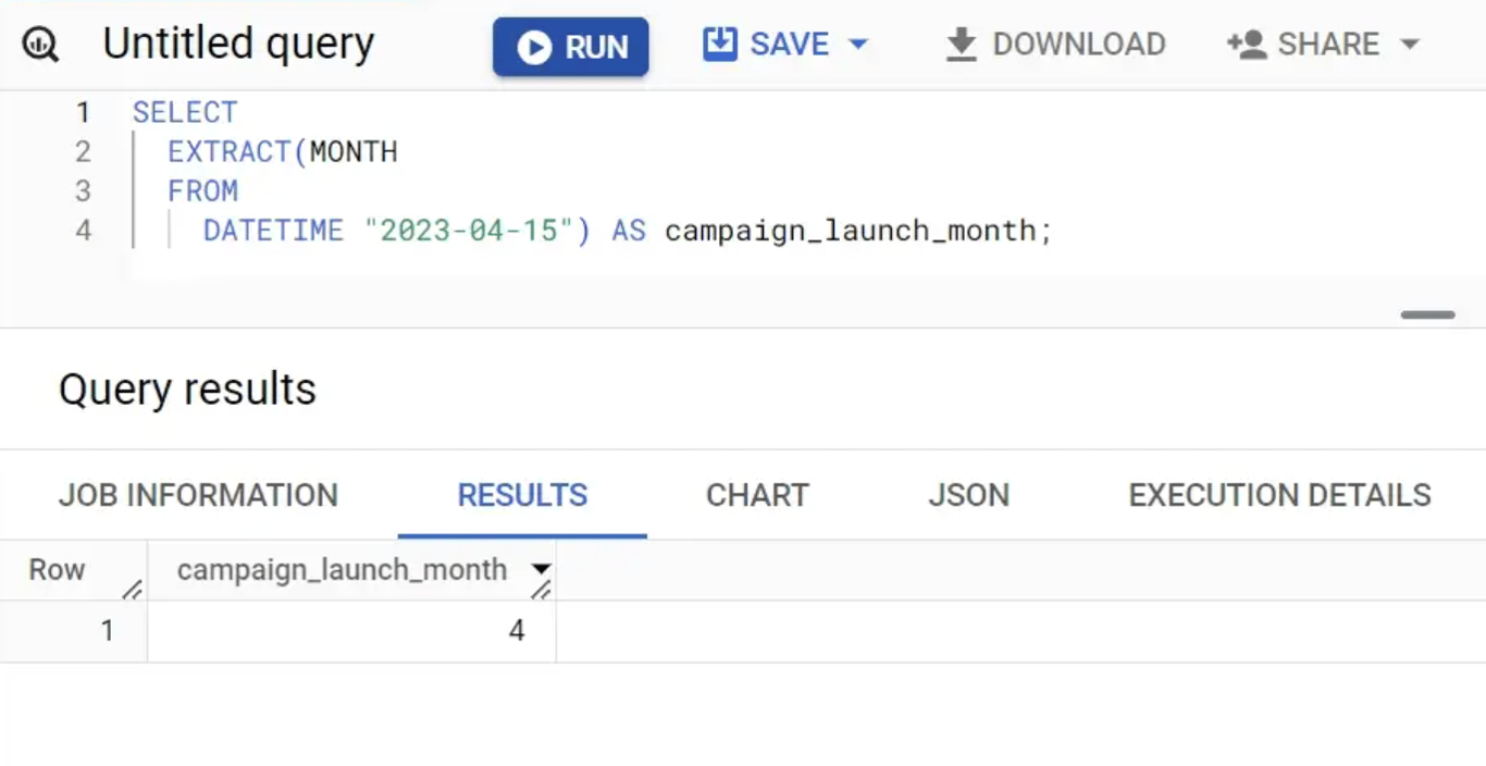 Extracting specific components like year or month from a DATETIME value in BigQuery.