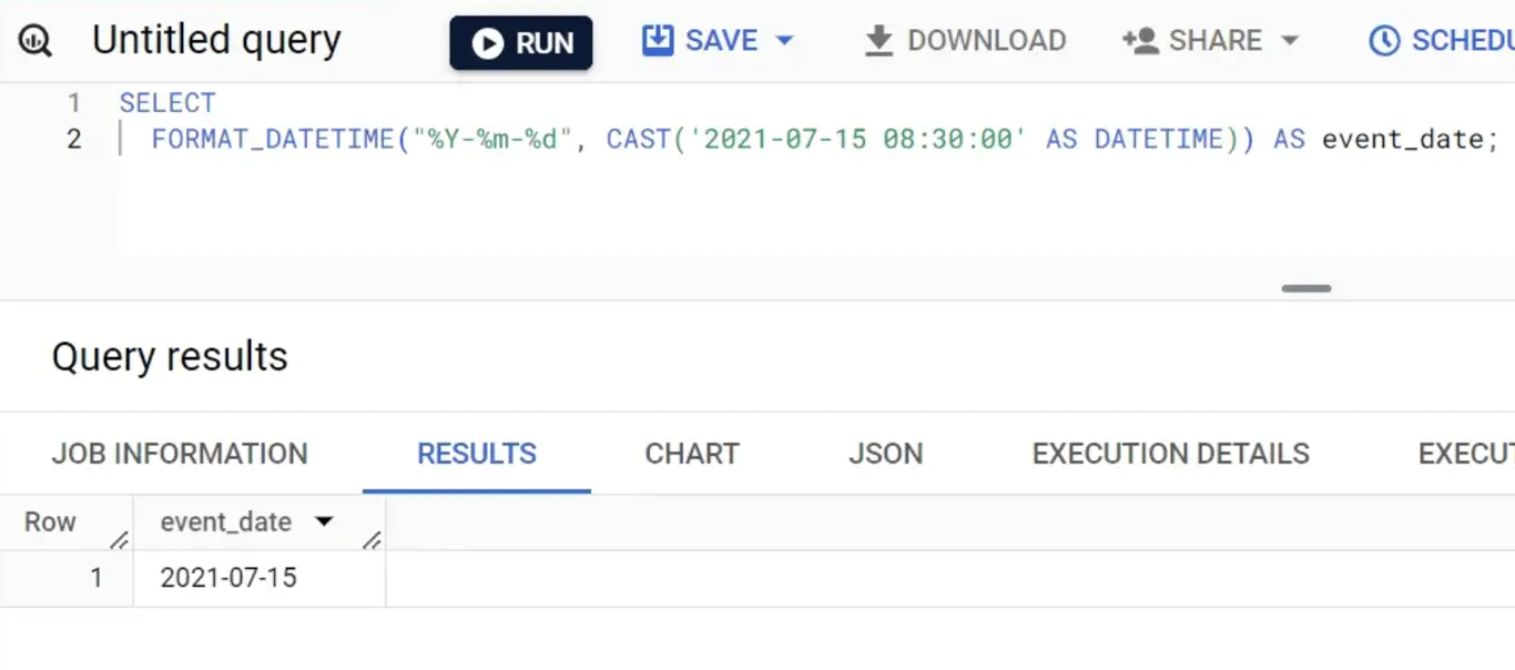 Function converting data from one type to a DATETIME format in BigQuery.