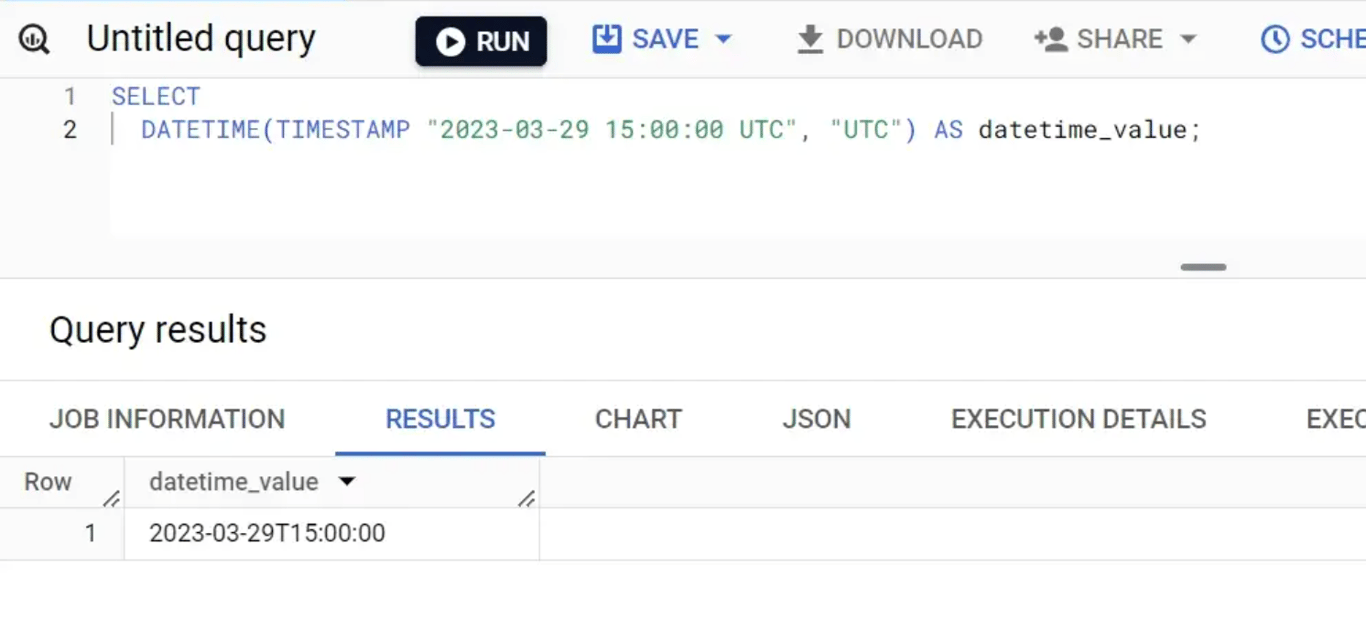 Transformation of a TIMESTAMP value to a DATETIME format using BigQuery functions.
